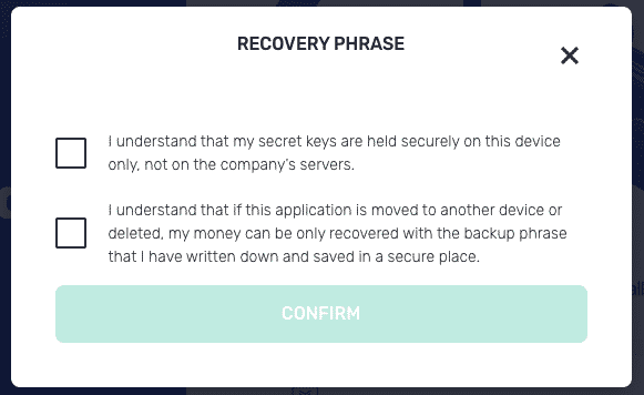 Confirming the Yoroi wallet recovery phrase
