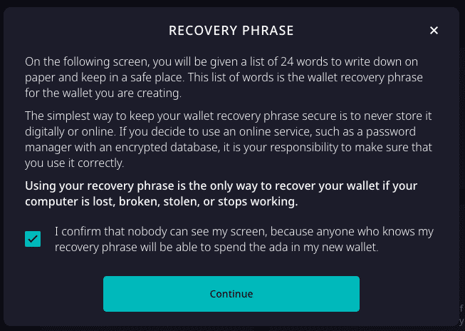 Creating a recovery phrase in the Daedalus wallet