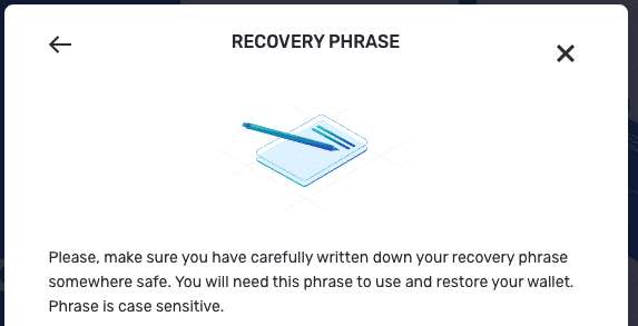 Yoroi wallet recovery phrase setup screen