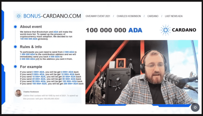 Example of a fake Cardano ADA giveaway scam