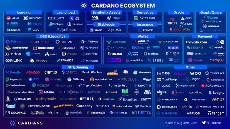 Infographic of projects building on Cardano, August 2021
