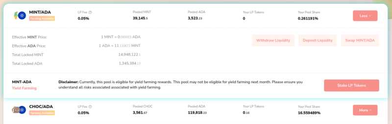 SundaeSwap yield farming pool eligibility disclaimer